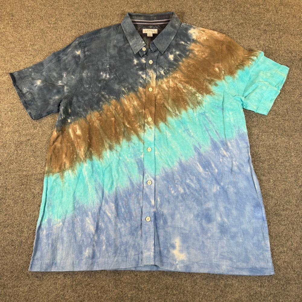 Sun + Stone Mens Large Blue Tie Dye Linen Cotton Short Sleeve Shirt #3662